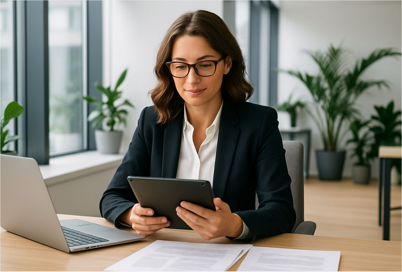 kobieta siedzaca przy biurku z laptopem trzyma w rekach tablet