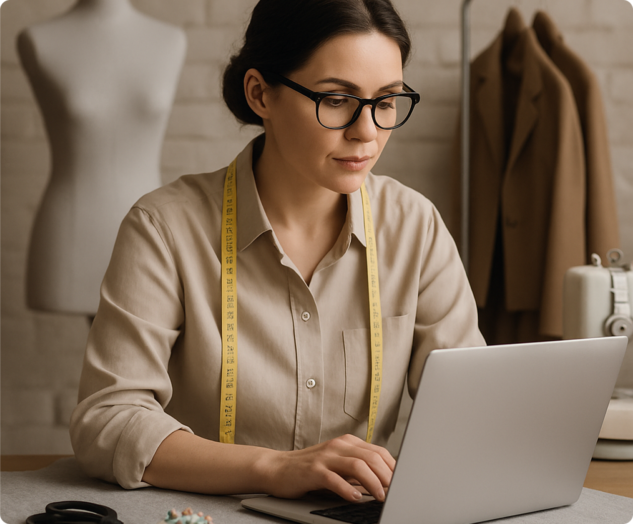 krawcowa pracująca na laptopie przy stole