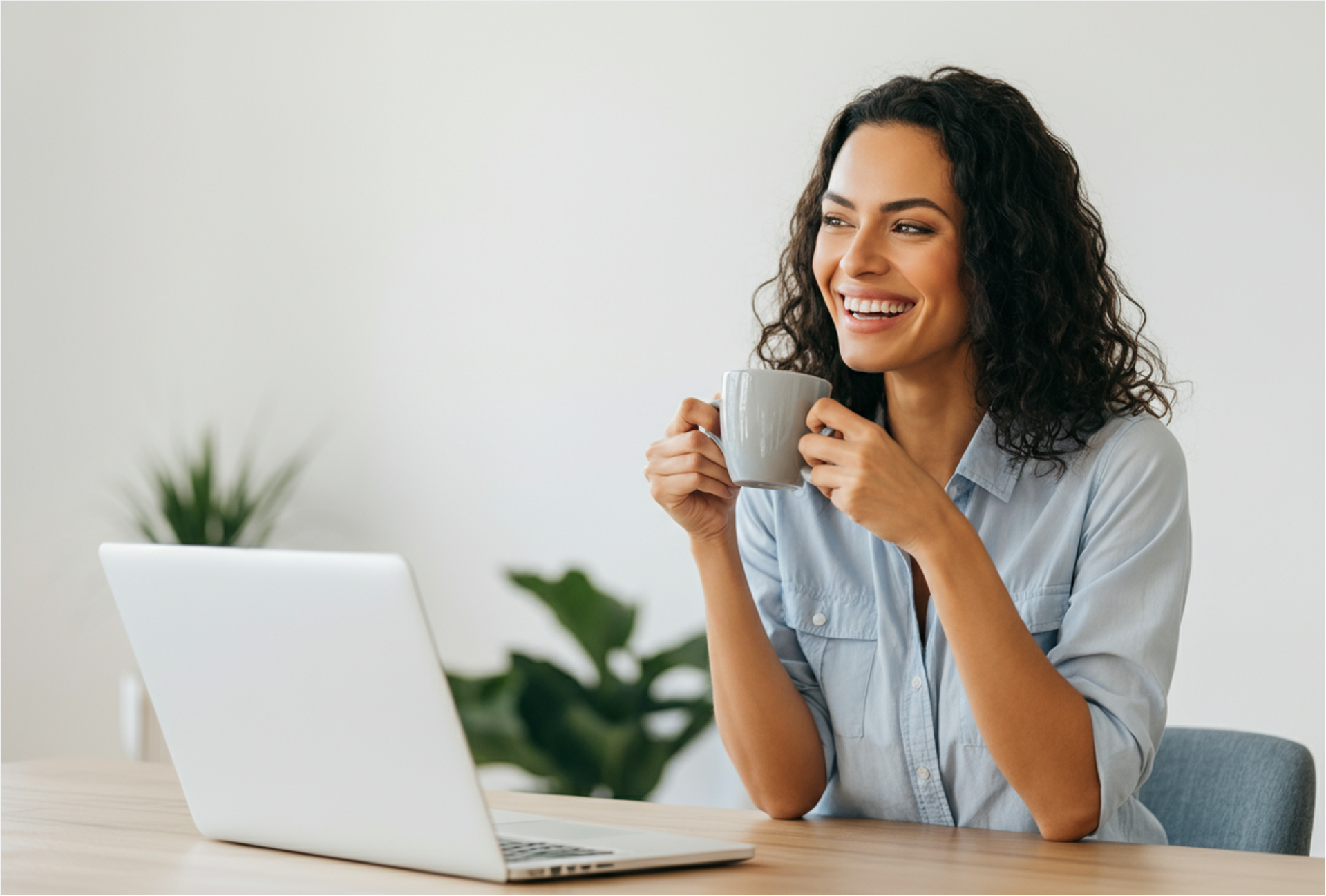 usmiechnieta kobieta siedzaca przy biurku z laptopem i kawa