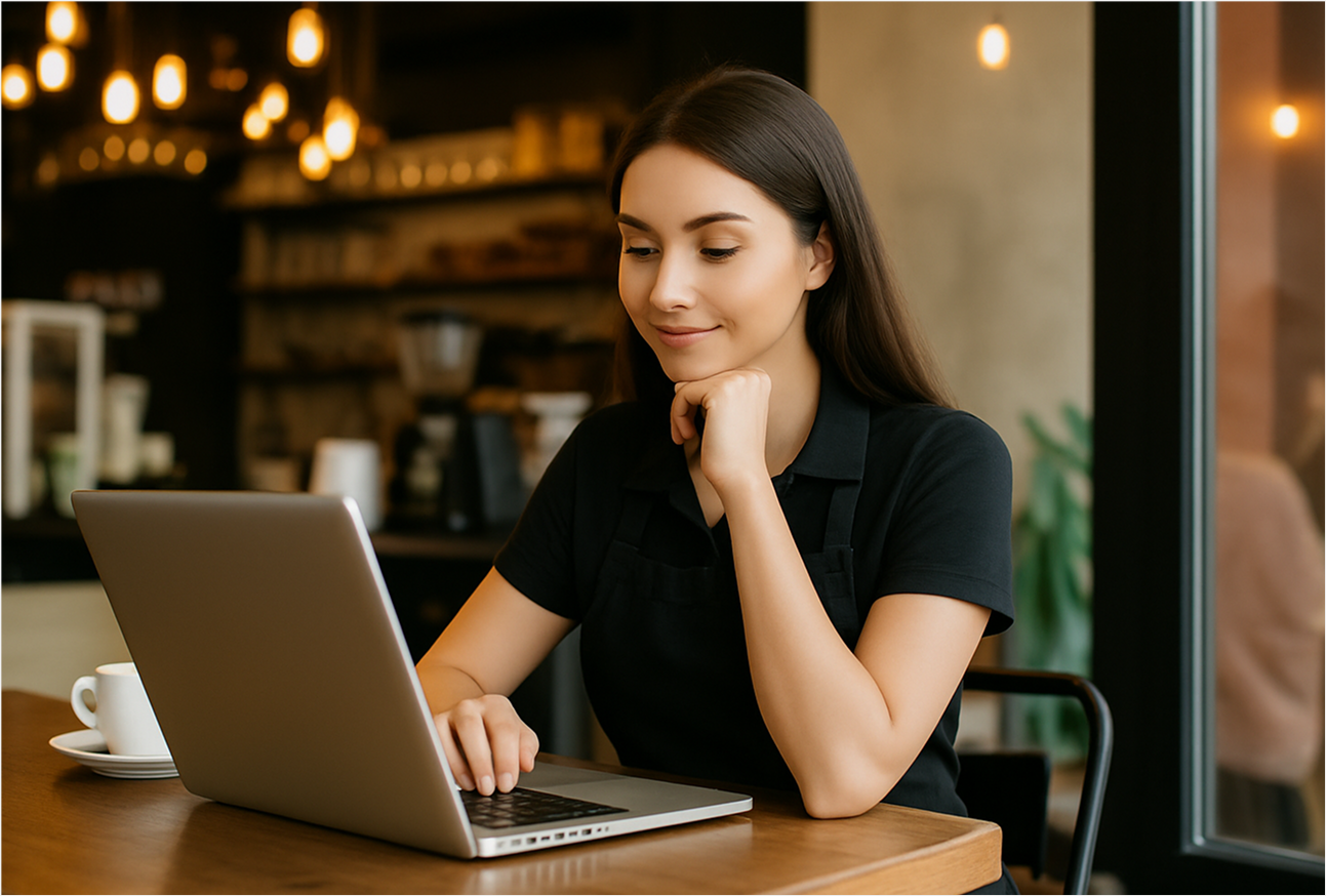 usmiechnieta kobieta siedzaca w kawiarni przy stoliku z laptopem