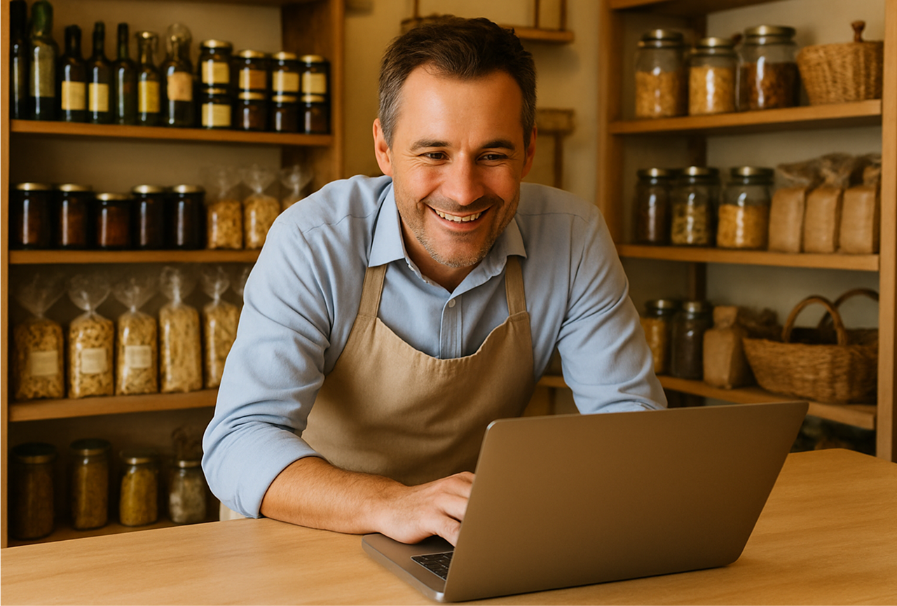usmiechniety wlasciciel sklepu pracuje na laptopie w sklepie