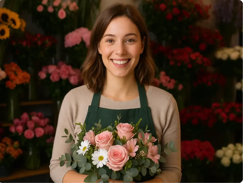 Usmiechnieta wlascicielka kwiaciarni z bukietem w rekach